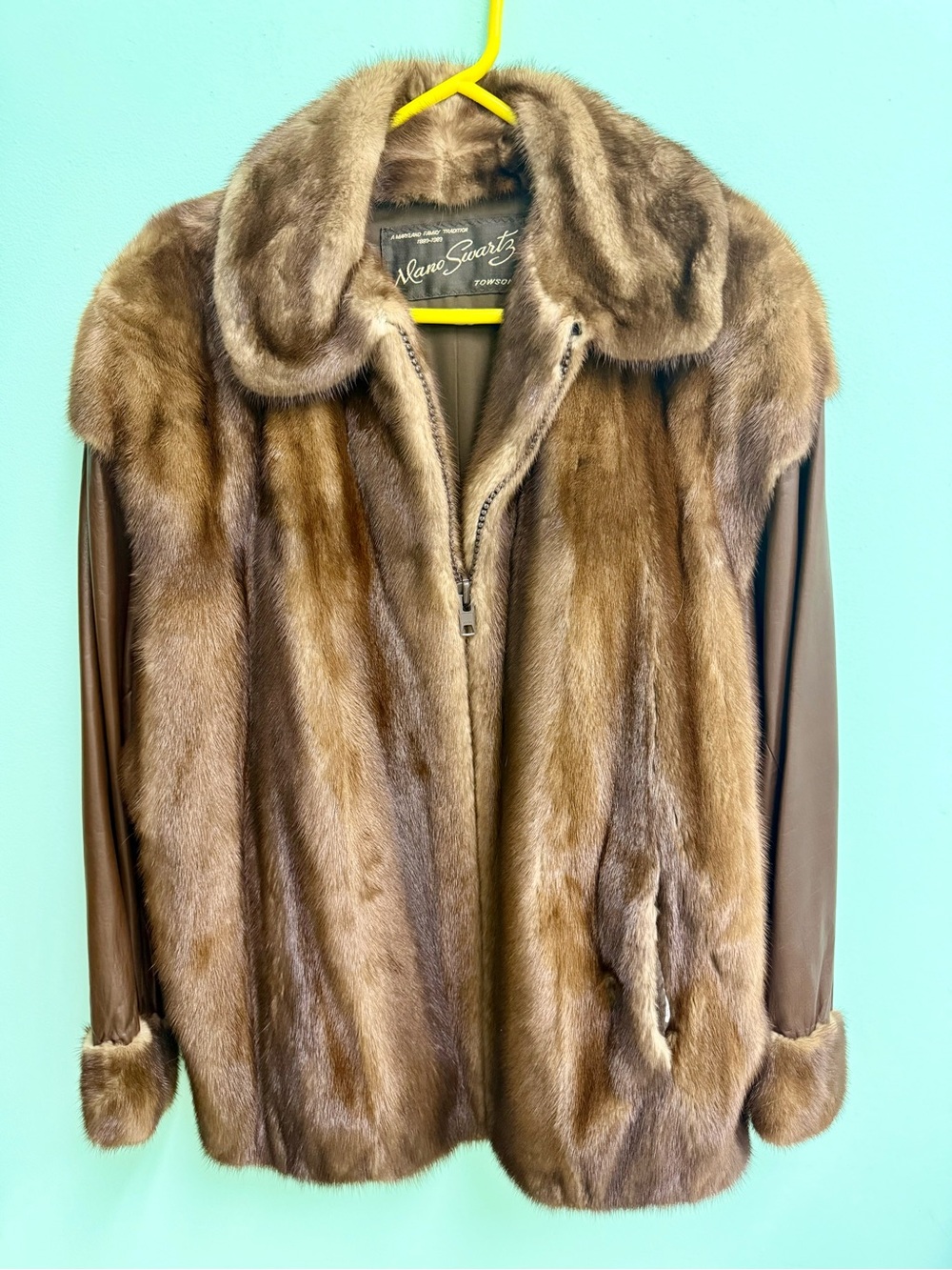 Classic Brown Mink Fur Jacket with Leather Sleeves by